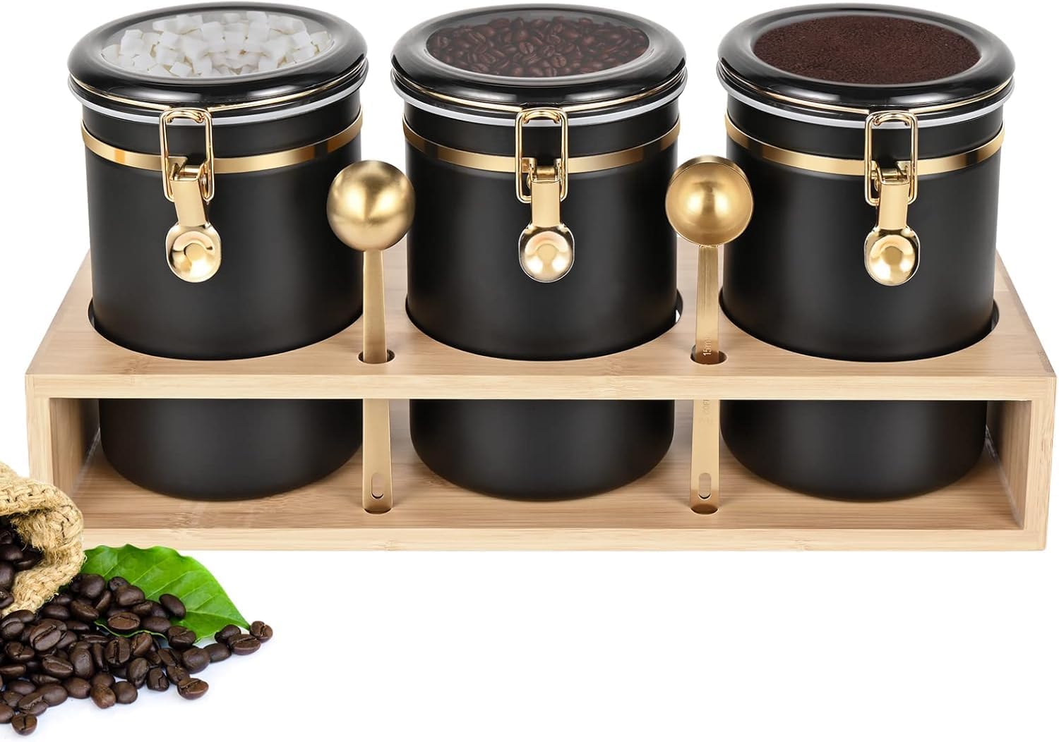 Yangbaga 304 Stainless Steel Coffee Canisters for Ground Coffee,3 x 63 OZ Coffee Container with Shelf Coffee Bean Storage, Food Storage Jar with Gold Airtight Locking Clamp and Spoon for Kitchen