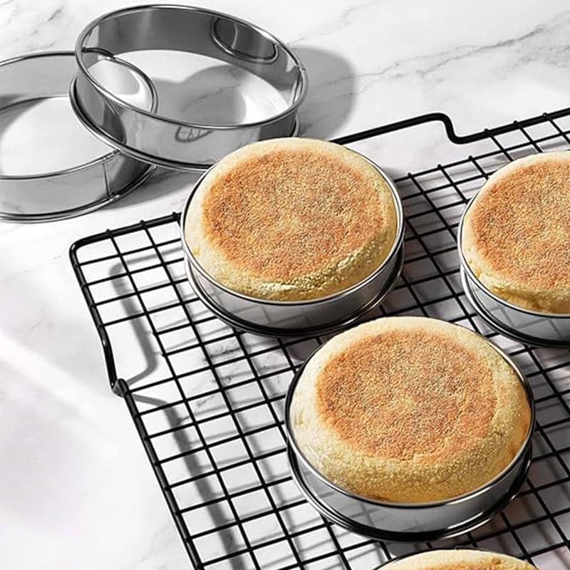 HLMOptimo English Muffin Rings, Stainless Steel Crumpet Rings, 6 Pcs Nonstick Metal Round Ring Molds with Silicone Oil Brush (4 inch)
