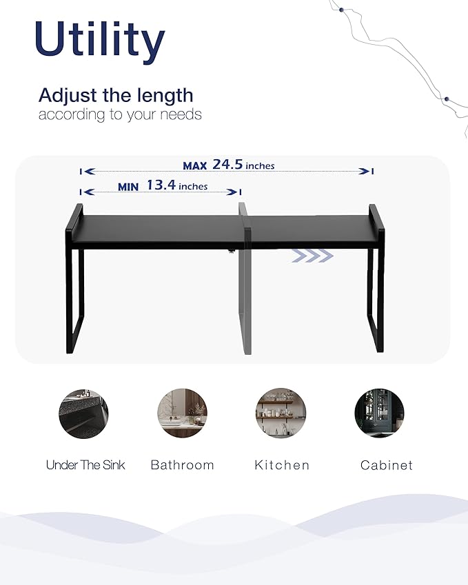 Nxconsu Expandable Cabinet Shelf Organizer Riser for Kitchen Pantry Cupboard Under Sink Countertop Home Storage Organization Rack Space Saver Freestanding Heavy Duty Nonslip Stackable Black