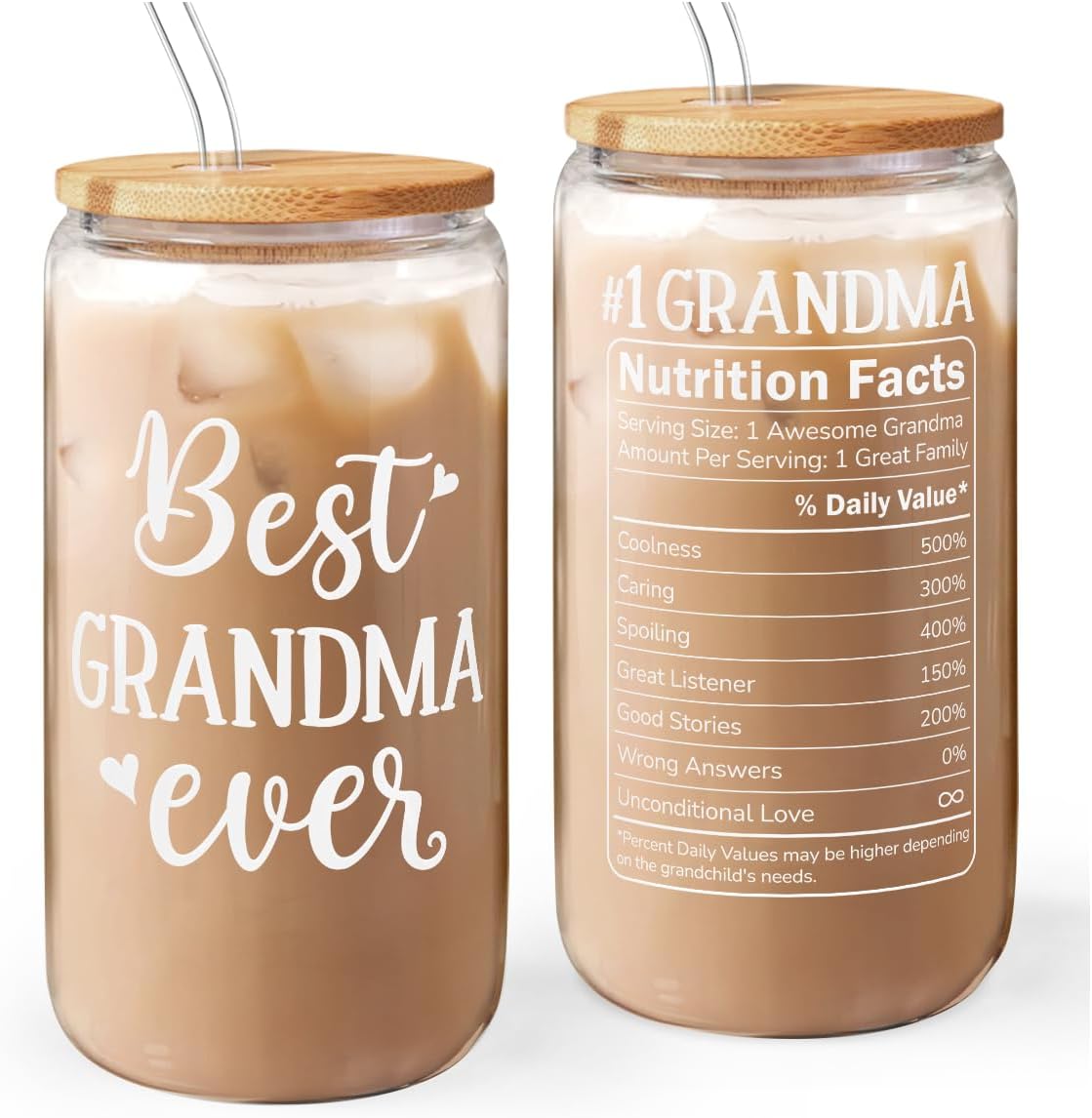 Grandma 16 Oz Can Glass Tumbler with Bamboo Lid and Straw - Iced Coffee Cups for Women, Aesthetic Glass Cup Gift for Grandmother Nana Birthday Christmas Mother's Day