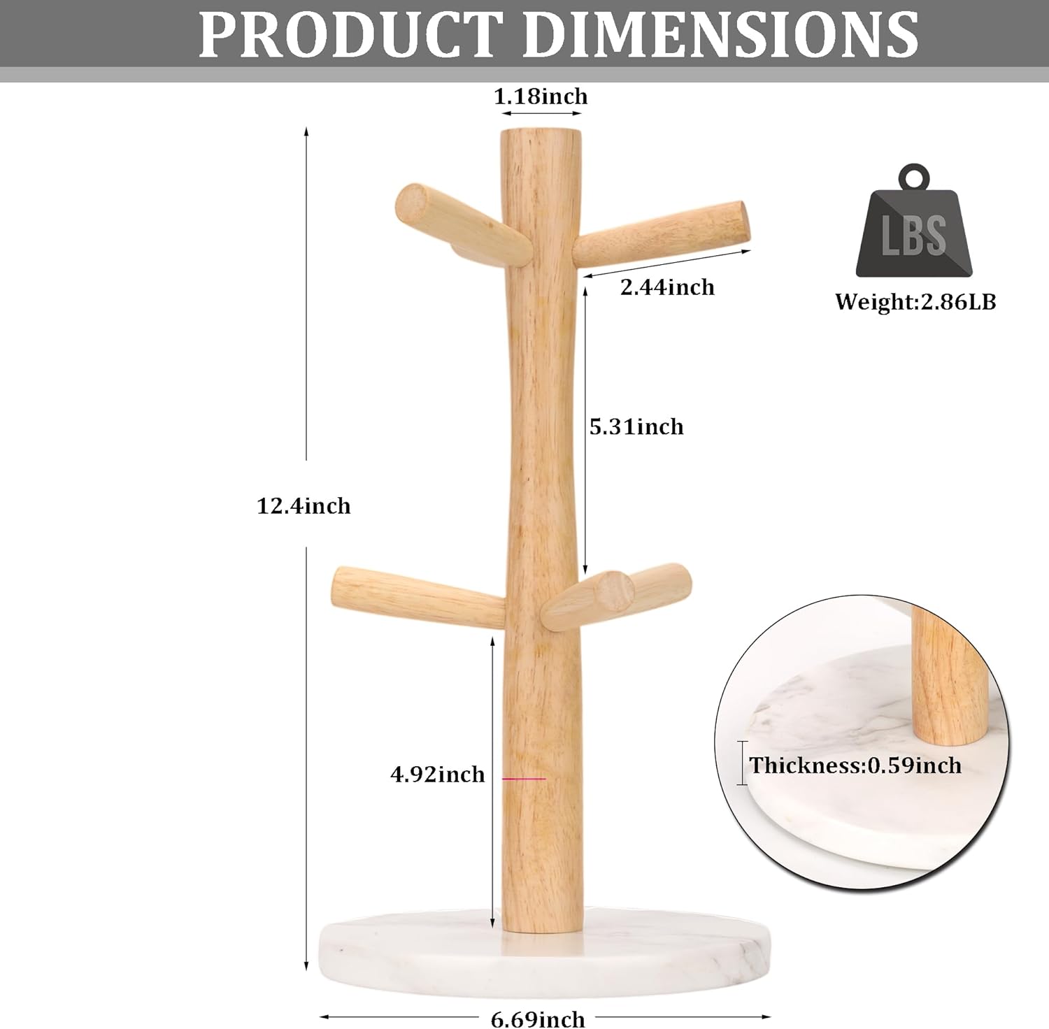 WORHE Mug Holder Marble Base with 6 Hooks Coffee Cup Rack Organizer for Countertop, Round Mugs Stand Hanger for Kitchen Counter Cabinet Bar Accessories and Home Decor White (MH001)