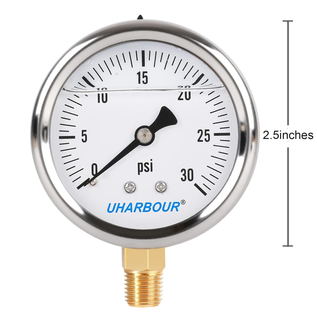 Glycerin Filled Pressure Gauge with 304 Stainless Steel Case, 2.5" Dial Size, 0-30Psi, High Accuracy, 1/4" NPT Center Lower Mount with Single Scale (psi).…