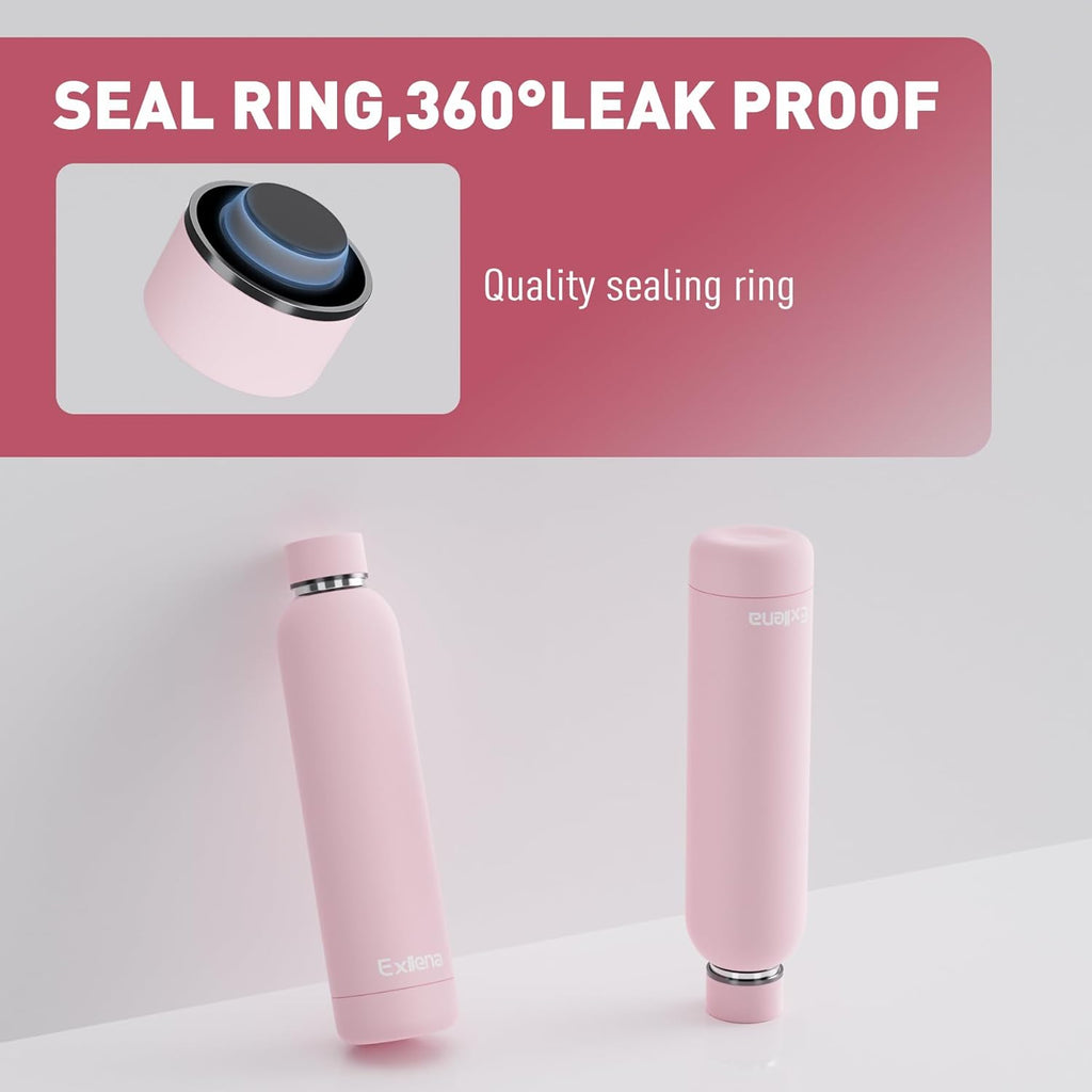 Slim Insulated Water Bottles for Travel 25oz with Clip, Double Wall Vacuum Stainless Steel Water Bottle Keeps Drinks Cold 24 Hrs/Hot 12 Hrs, 100% Leakproof, BPA Free(Pink)