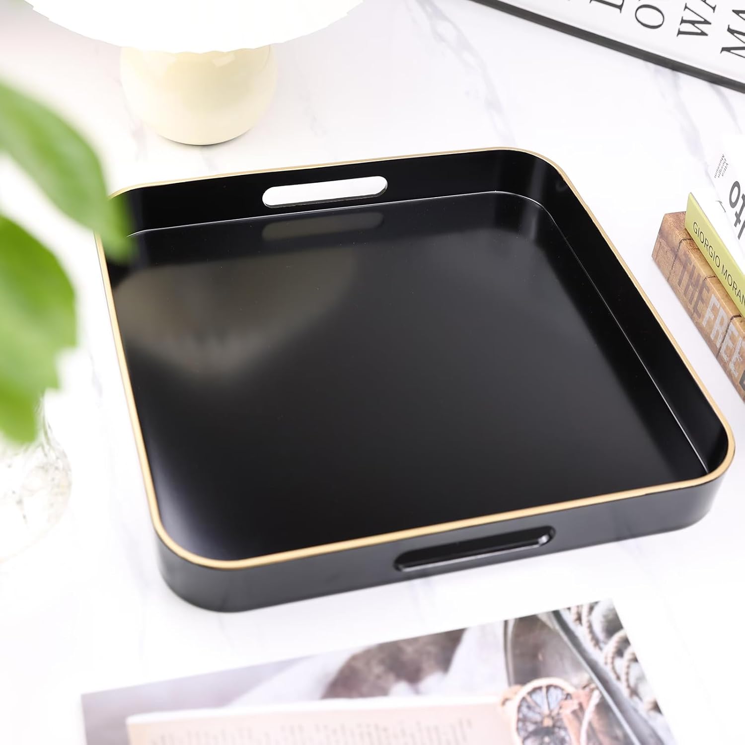 Black Square Decorative Tray with Handles, 13"*13" Versatile Serving Tray for Coffee Table, Ottoman, Ideal for Serving, Displaying, Organizing