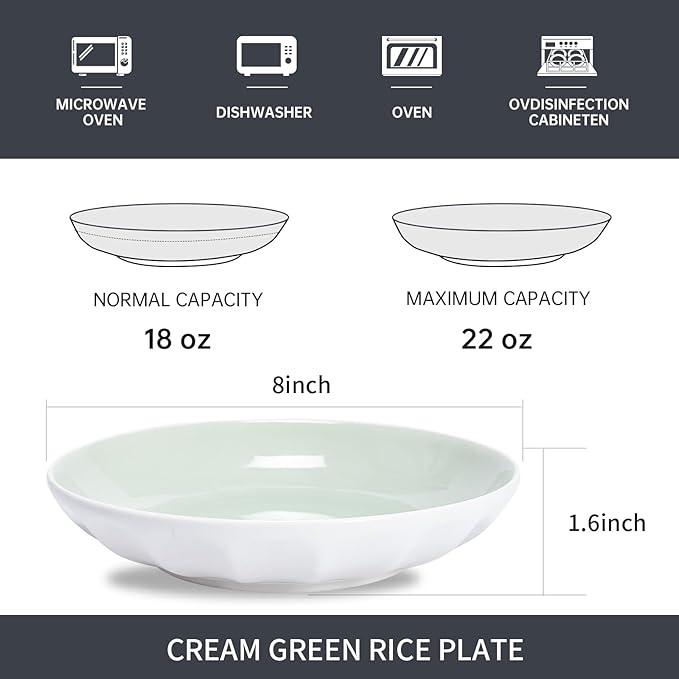 Set of 6 Dinner Plates 8 Inch, Green Porcelain Plates, Microwave Oven Dishwasher Safe Scratch Resistant