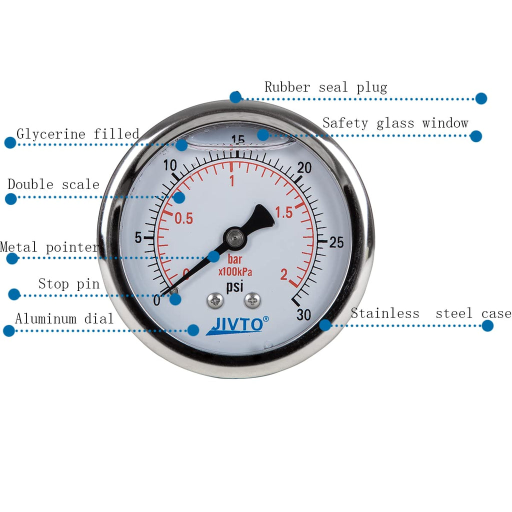 Pressure Gauge,Liquid Filled,2-1/2" Dia,0-30 psi/bar/kpa,1/4" NPT Back Mount, Polycarbonate Lens Window, Stainless Steel case