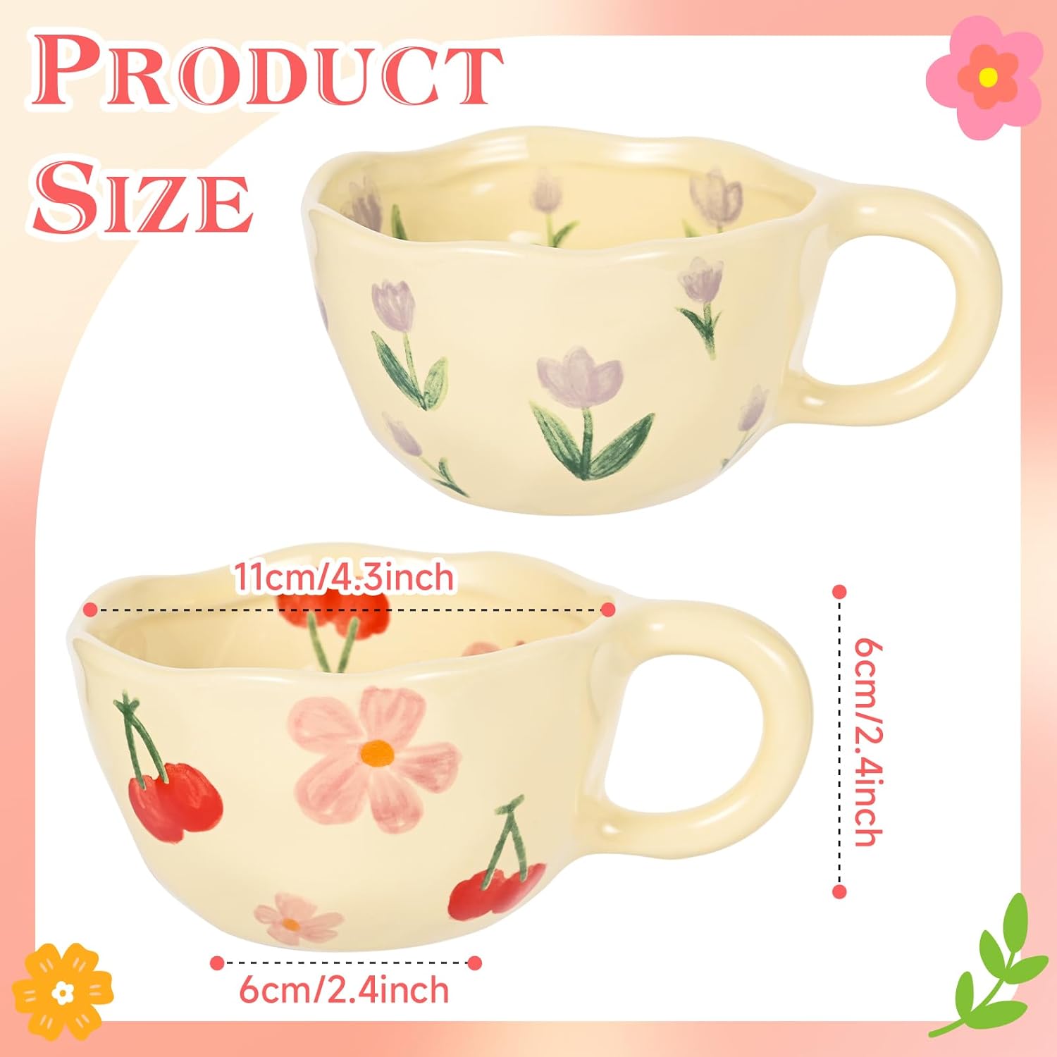 Ceramic Coffee Mug Vintage Flower Mugs 8 oz Cute Floral Coffee Mugs Irregular Latte Art Cup Lead-free Porcelain Cups for Cappuccino, Cocoa (Pink Cherry, Purple Tulips)