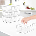 wilfox Pantry Organization, 3 Pack Clear Organizer Bins with Removable Dividers for Pantry, Kitchen, Fridge, Cabinet, Stackable Storage Bins for Snack, Pouches, Spice Packets