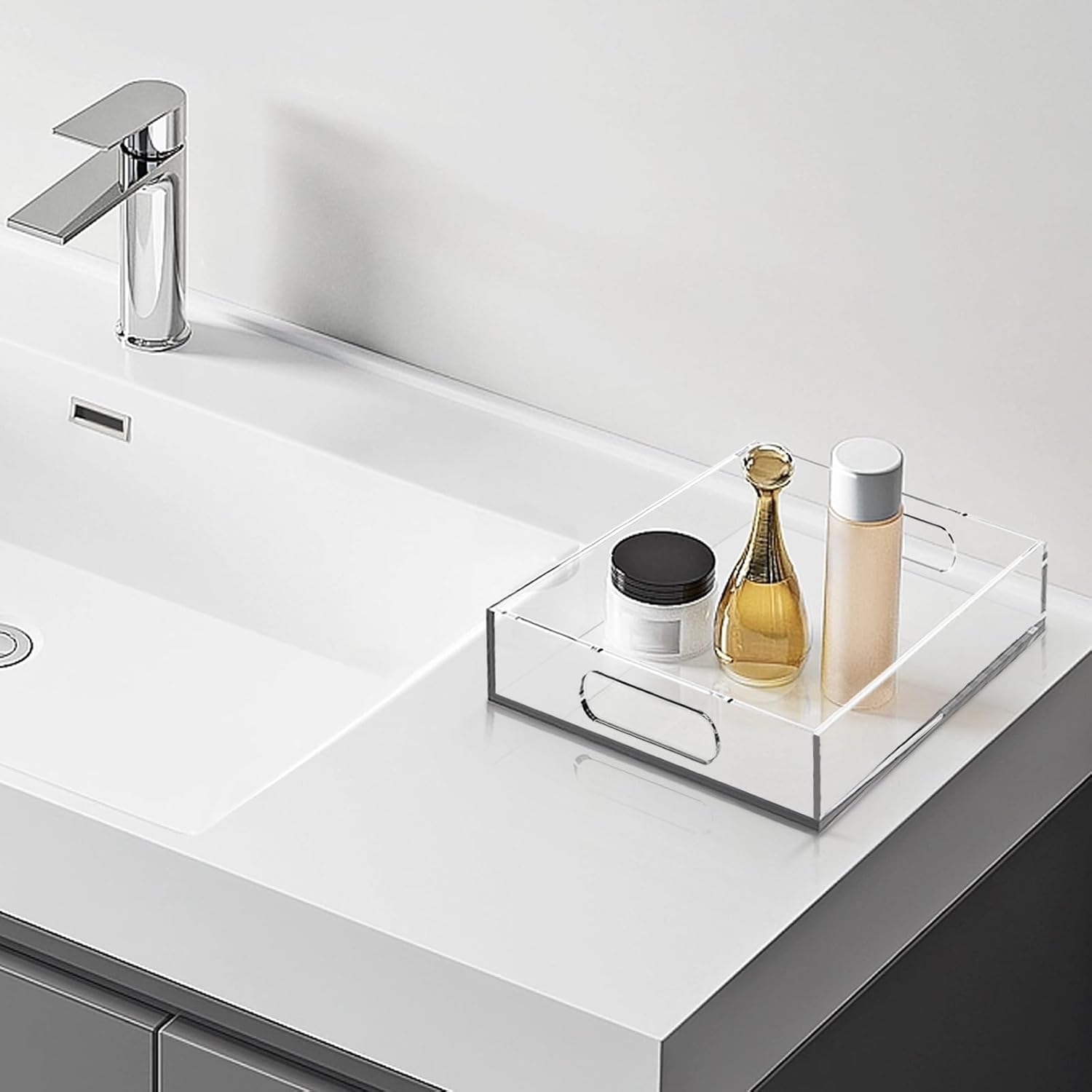 17 * 17 Acrylic Organizer Tray Large, Serving Tray with Handle, Lucite Tray Organizer for Bench, Coffee Table Countertop, Kitchen, Bathroom, Living Room, Powder Room