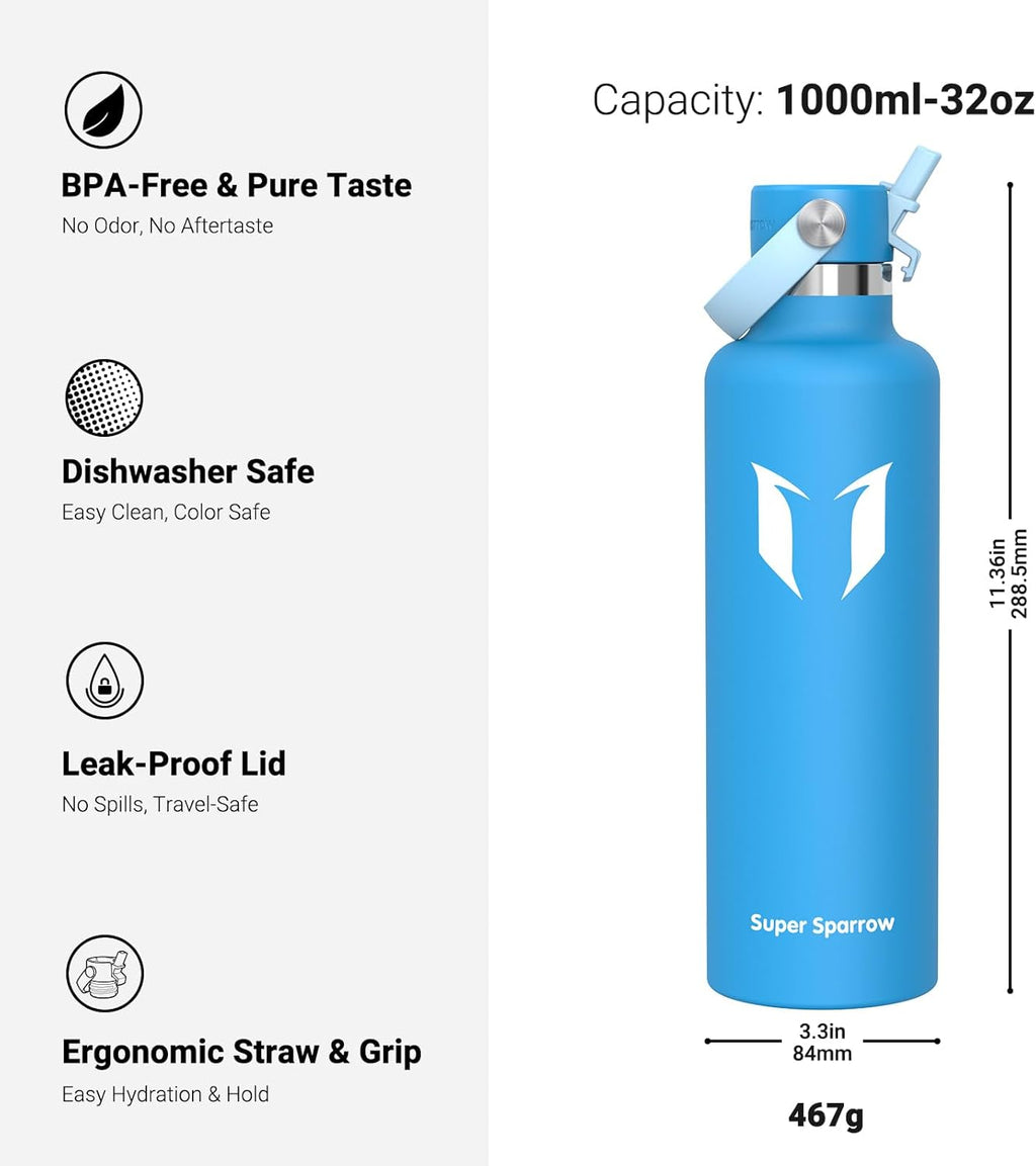 Super Sparrow Insulated Water Bottle - 17 Oz / 25 Oz / 32 Oz - Standard Mouth FlipFlow Flask - BPA Free, Leak Proof Drink Bottle- Ergonomic Straw Water Bottles for Work, Gym, Travel, Sports