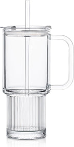 KEMORELA 26oz Ribbed Glass Mug with Handle and Lid – Large Clear Tumbler for Iced Coffee, Tea, Smoothies & Hot Drinks, Reusable Glass Cup with Straw, Dishwasher Safe, Travel Friendly