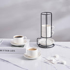YOLIFE 2.5oz Porcelain Stackable Espresso Cups with Saucers and Metal Stand Set of 4, Stackable Cappuccino Cups, White Expresso Shots Cup Set for Coffee Drinks, Latte, Tea