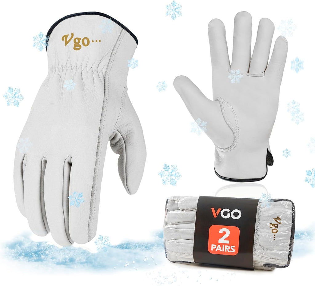 Vgo... 2-Pairs 32℉ or Above Lined Winter Cow Grain Leather Work and Driver Gloves (Size XL, Cream, CA9501F)