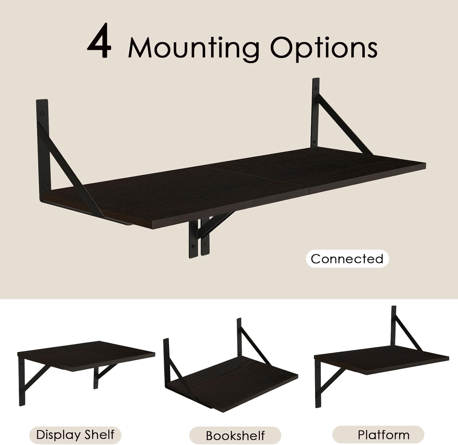 DINZI LVJ Deep Floating Shelves, 16" W x 12" D Wall Shelves Set of 2, Wide Display Shelf Mounted with Brackets, Easy-to-Install Wall Bookshelf for Living Room, Bathroom, Bedroom, Espresso