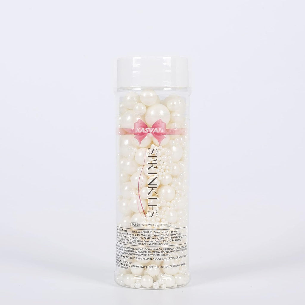 Kasvan White Pearl Sugar Sprinkles - Edible Candy Pearls 130g/4.58 Oz, Mix Size, Baking Cake Decorations, Ice Cream Toppings and Cookie Decorating, Wedding Party Chirstmas Supplies