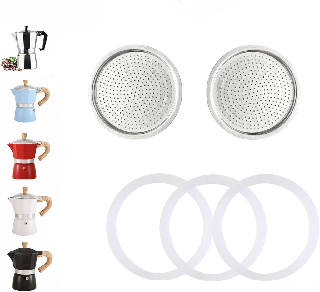 2 Pcs Filter with 3 Pcs Silicone Gasket Seals for 12 Cup 14 Cup Stovetop Espresso Coffee Maker Replacement Parts for DITOSH Aluminium Moka Pot