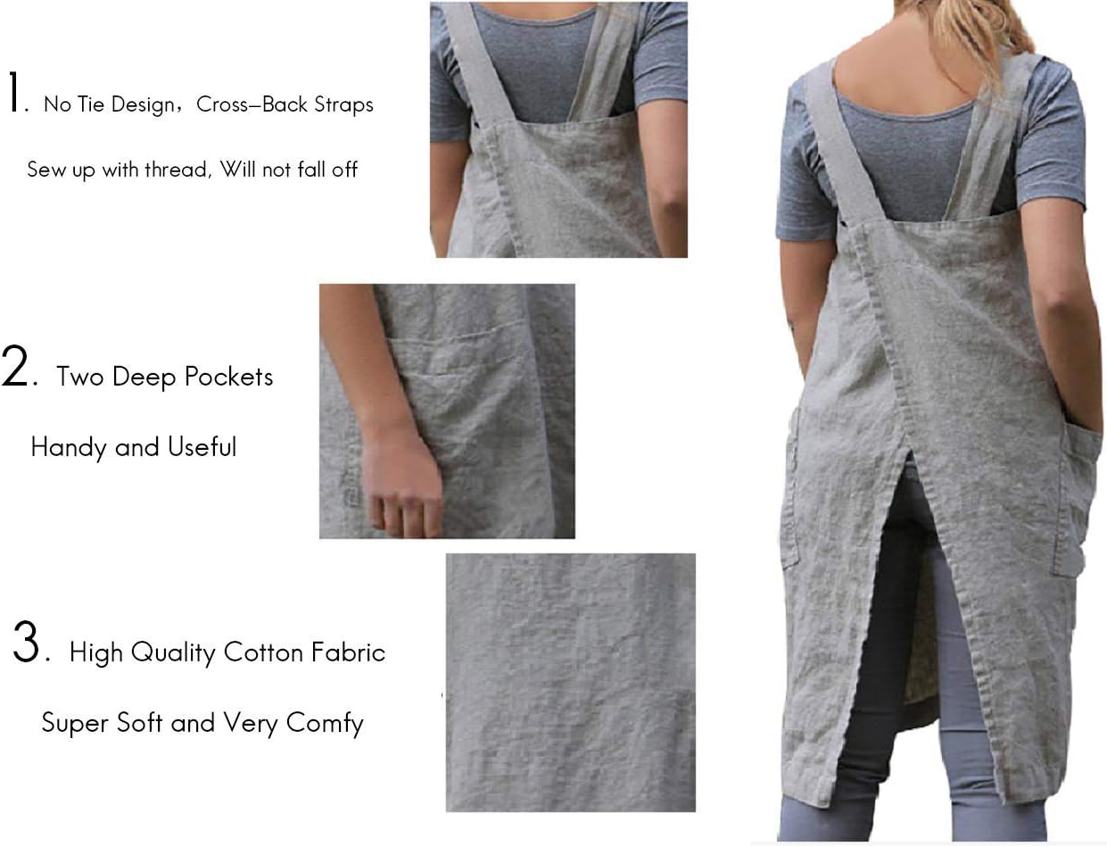 Women's Pinafore Square Apron Baking Cooking Gardening Works Cross Back Cotton/Linen Blend Dress with 2 Pockets