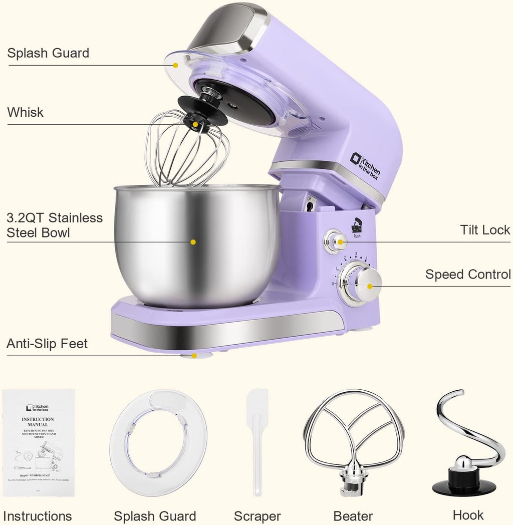 Stand Mixer, Kitchen in the box 3.2Qt Small Electric Food Mixer,6 Speeds Portable Lightweight Kitchen Mixer for Daily Use with Egg Whisk,Dough Hook,Flat Beater (Purple)