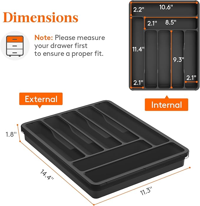 Lifewit Silverware Organizer with Lid, Covered Utensil Tray for Kitchen Drawer and Countertop, Plastic Cutlery and Flatware Storage Box for Spoons Forks Knives Holder Case, 7 Compartments, Black