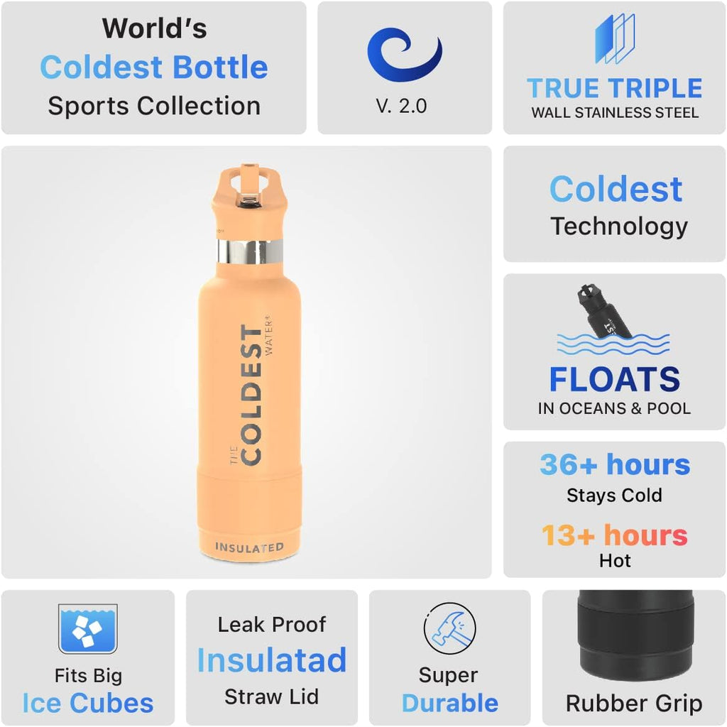 Coldest Insulated Water Bottle with Straw Lid - Stainless Steel Metal Insulated Bottle for Men & Women (Sahara Peach, 21 oz)