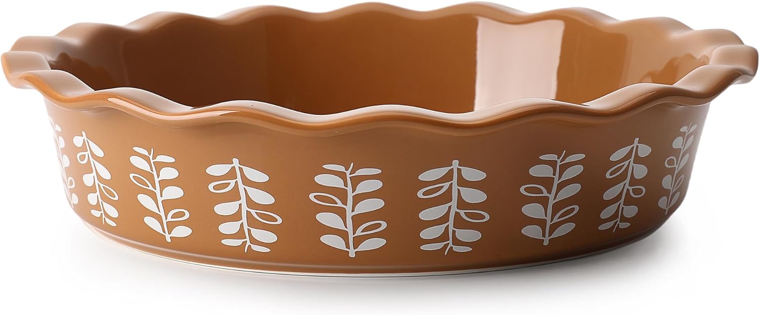 Sweese Porcelain Deep Fluted Pie Dish for Baking - 9 inch Porcelain Pie Plate for Apple, Quiche, Pot Pies, Tart - Leaf - Brown