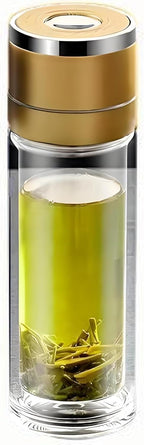 Glass Water Bottle Fits in Car Cup Holder, 14 oz Double Wall Borosilicate Glass Tea Infuser Bottle, One Handed One Key Lid Opening, for Car, Home, Office