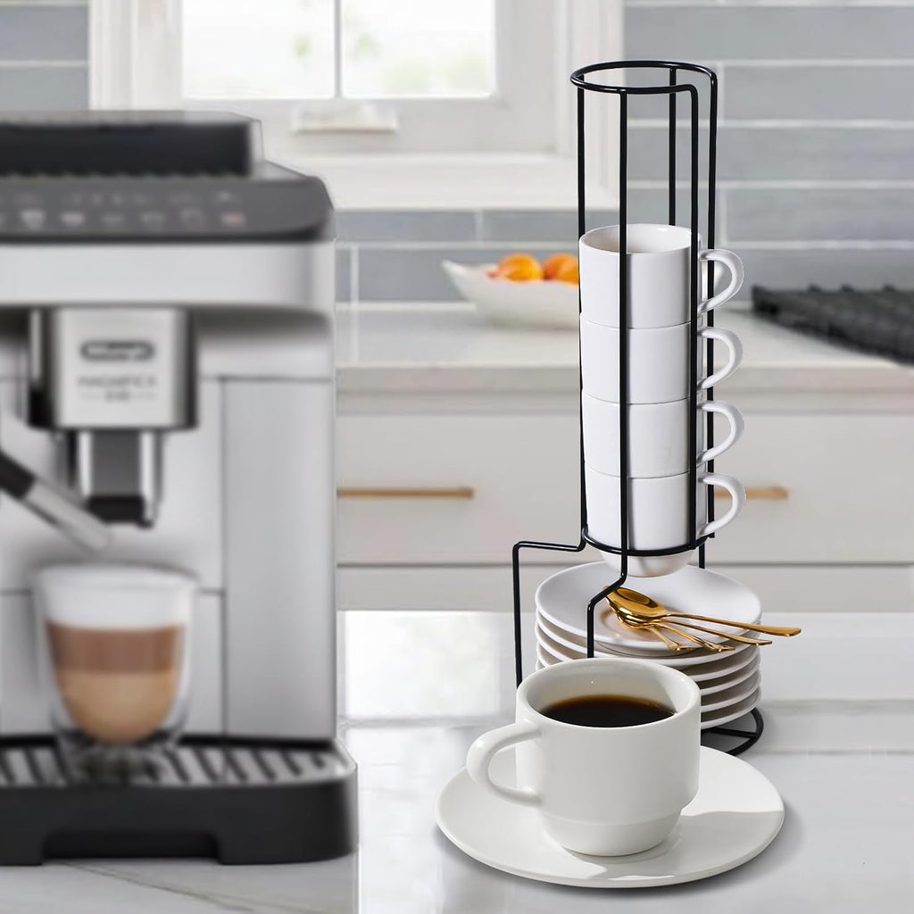 Lareina Porcelain Stackable Espresso Cups with Saucers, Spoons and Metal Stand, 3 Ounce Small Coffee Cups Set of 6 - Ceramic Demitasse Mugs, White