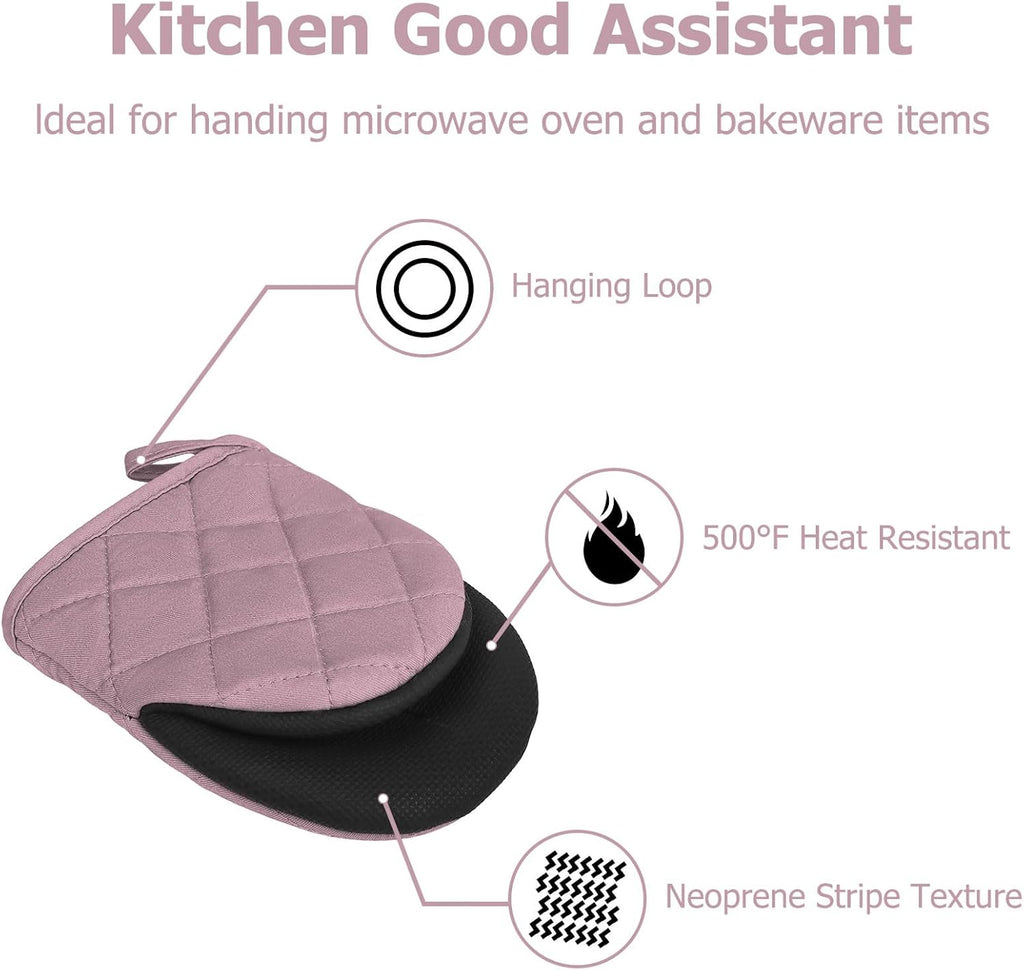 1 Pair Short Oven Mitts, Heat Resistant Silicone Kitchen Mini Oven Mitts for 500 Degrees, Non-Slip Grip Surfaces and Hanging Loop Gloves, Baking Grilling Barbecue Microwave Machine Washable