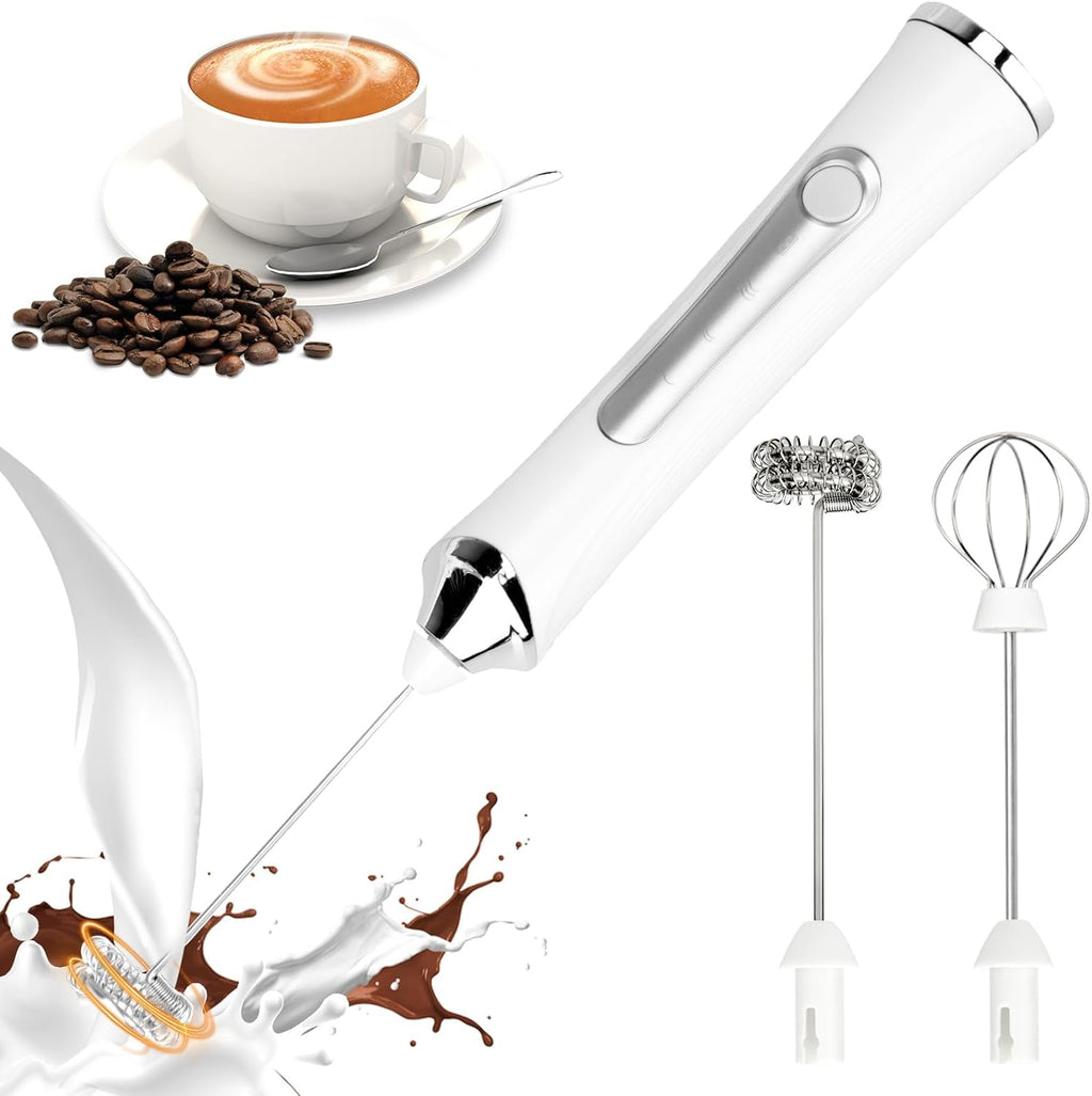 Tonjin Milk Frother with USB-C Rechargeable Wand & 2 Stainless Whisks, Upgraded 3 Speeds Electric Drink Mixer for Coffee, Egg, Matcha