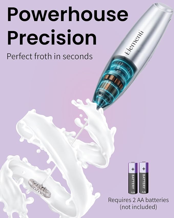 Elementi Frother Wand - Easy to Use Milk Frother Handheld Electric Stirrer for Powder Drinks, Durable & Powerful Protein Powder Mixer Wand, Coffee Stirrers Electric (Silver)