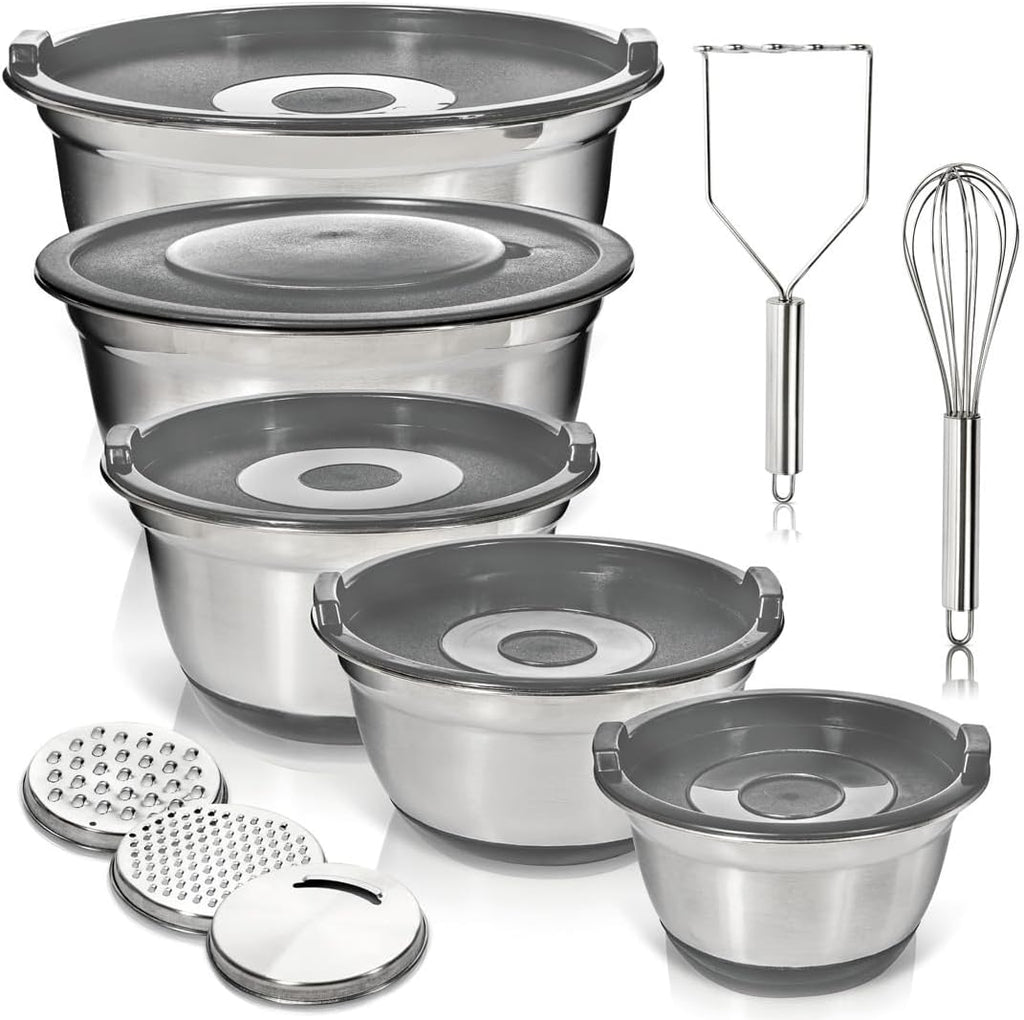 WHYSKO Stainless Steel Mixing Bowls with Lids Set - 5 Rustproof Metal Nesting Mixing Bowls for Kitchen, Meal Prep, Baking, Cooking, Storage - Includes 3 Grater Attachments, Dishwasher Safe