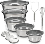 WHYSKO Stainless Steel Mixing Bowls with Lids Set - 5 Rustproof Metal Nesting Mixing Bowls for Kitchen, Meal Prep, Baking, Cooking, Storage - Includes 3 Grater Attachments, Dishwasher Safe