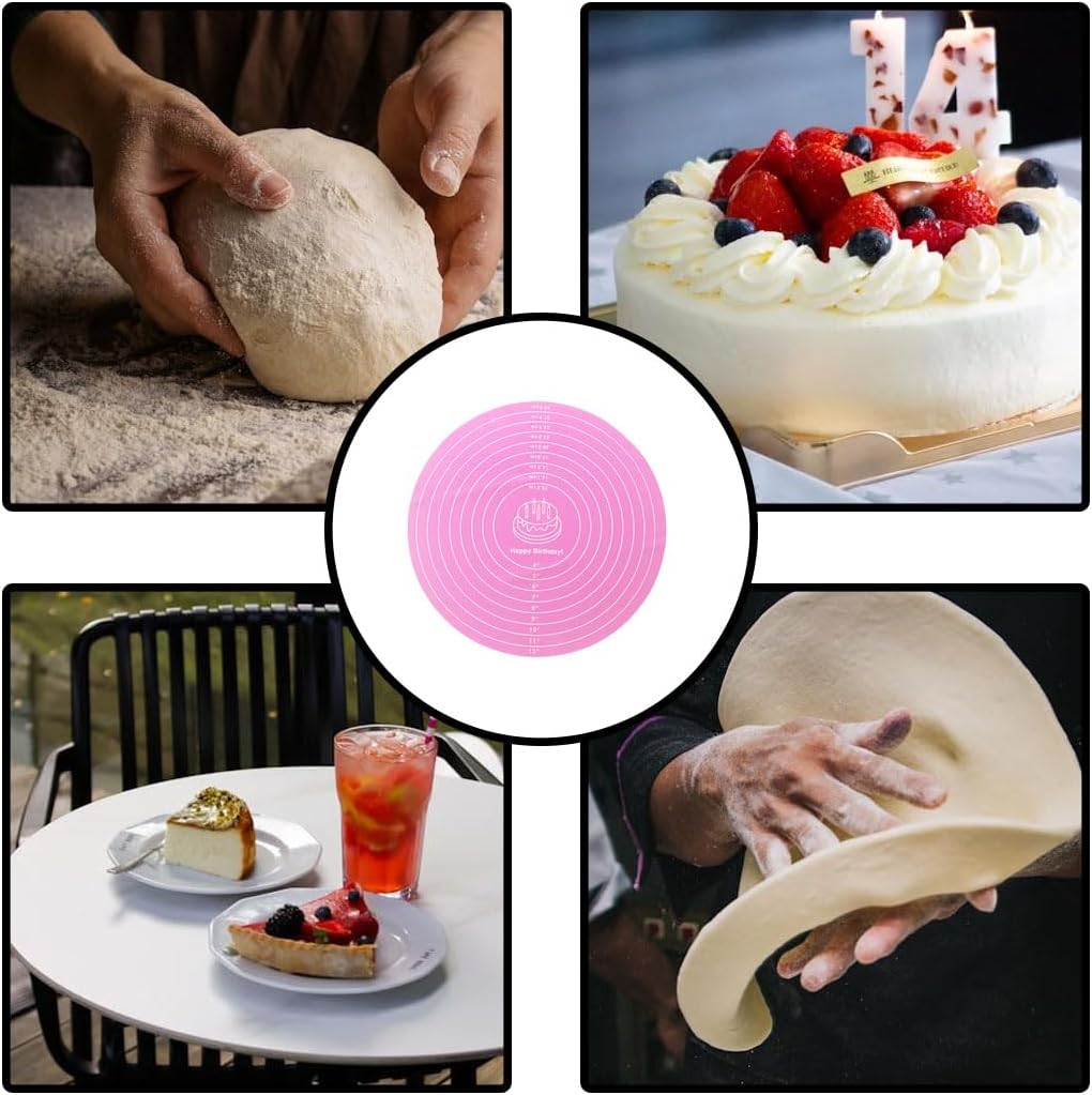 1 Pcs Pink Round Baking Mat, Cake Turntable Mat, Cake Mat Round Silicone Baking Mat, 12 In Cakes Pastry Mat for Cake Turntable Stan