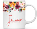 Andaz Press 11oz. Wedding Ceramic Coffee Tea Mug Gift, Fall Autumn Burgundy Orange Peach Flowers Roses Florals, Junior Bridesmaid, 1-Pack, Includes Gift Box