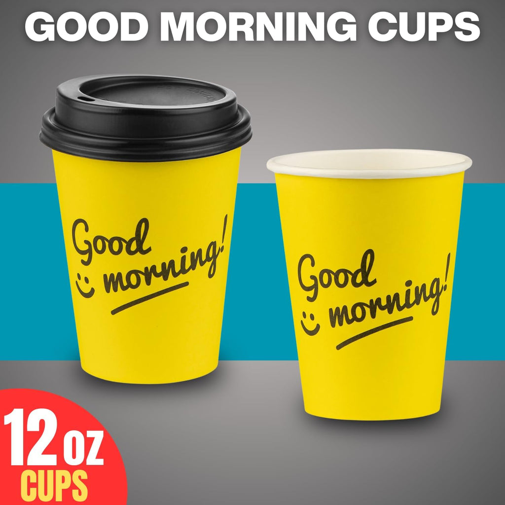 Smygoods Disposable Coffee Cups with Lids, To Go Paper Hot Cups, Good Morning Design (12 OZ, 100 Count) For Hot Beverages, Coffee, Tea, Espresso, Cocoa - Vasos Para Cafe