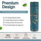 Farasi Tea Infuser for Loose Leaf Tea Smart Water Bottle with Fahrenheit Temperature Display, Stainless Steel Insulated Coffee and Fruit Tea Infuser Bottle - Green Floral Travel Tea Mug 15 oz