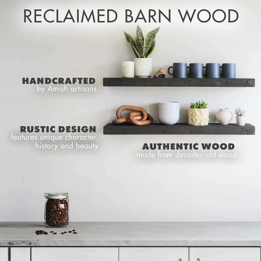 Urban Legacy Reclaimed Barnwood Planks | Floating Shelves for Wall w/Flush Mount Shelf Bracket Set Included | Set of 2 (Coffee Bean, 24"x 4.5"x 2")