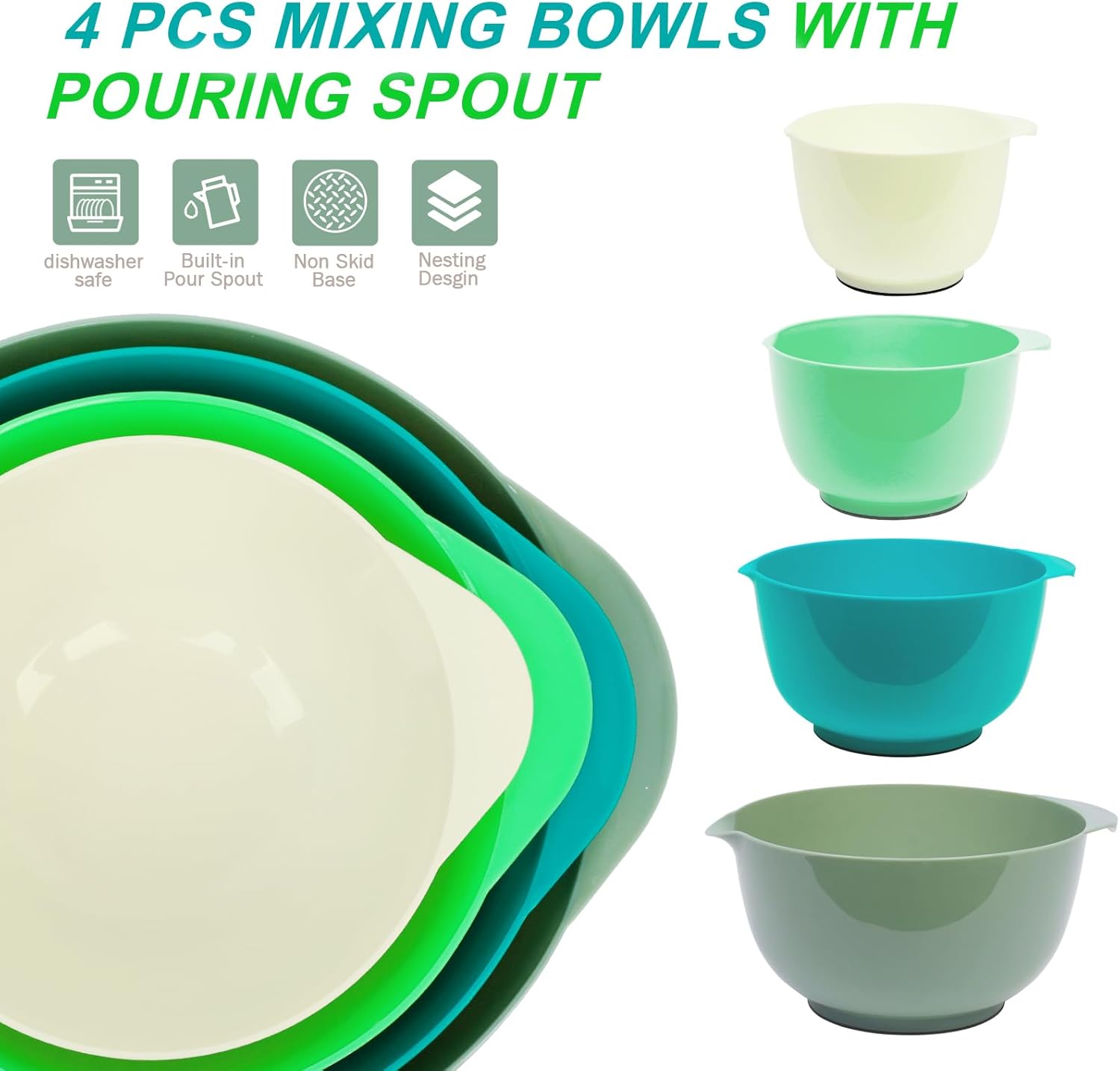 BoxedHome Classic Mixing Bowl Set, BPA Free Plastic, Microwave and Dishwasher Safe, 4.5 quarts (Army Green)