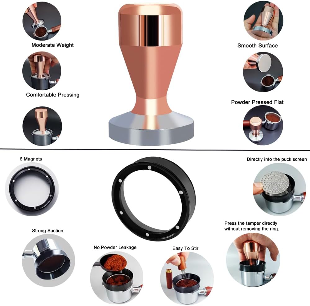 51mm Espresso Tamper Set, 5PCS Coffee Tamper Kit with WDT Tool, Coffee Stirrer, Dosing Funnel, Puck Screen 51mm Espresso Accessories Tampers Kit (Rose Gold)