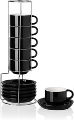 Sweejar Ceramic Espresso Cups Set of 6, Espresso Cup Stackable, 4 Oz Stackable Cappuccino Cups with Saucers and Metal Stand for Coffee Drinks, Americano, Latte, Tea (Black)