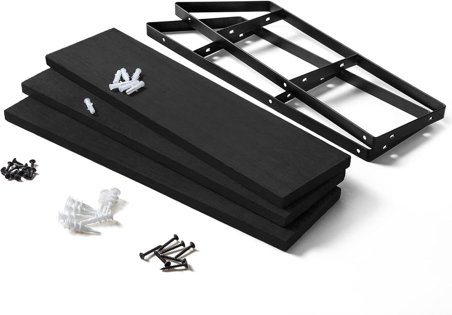 Mkono Floating Wall Shelves 3 Tier Rustic Hanging Shelf with Metal Bracket Wall Mount Wood Storage Display Shelves for Living Room Bathroom Bedroom Kitchen Office,Black