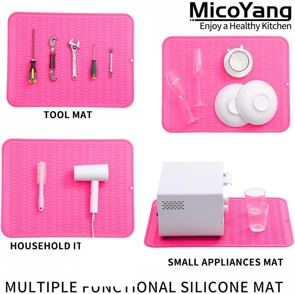 Silicone Dish Drying Mat for Multiple Usage,Easy clean,Eco-friendly,Heat-resistant Silicone Mat for Kitchen Counter or Sink,Refrigerator or Drawer Liner Rose 2XL 24 inches x 18 inches