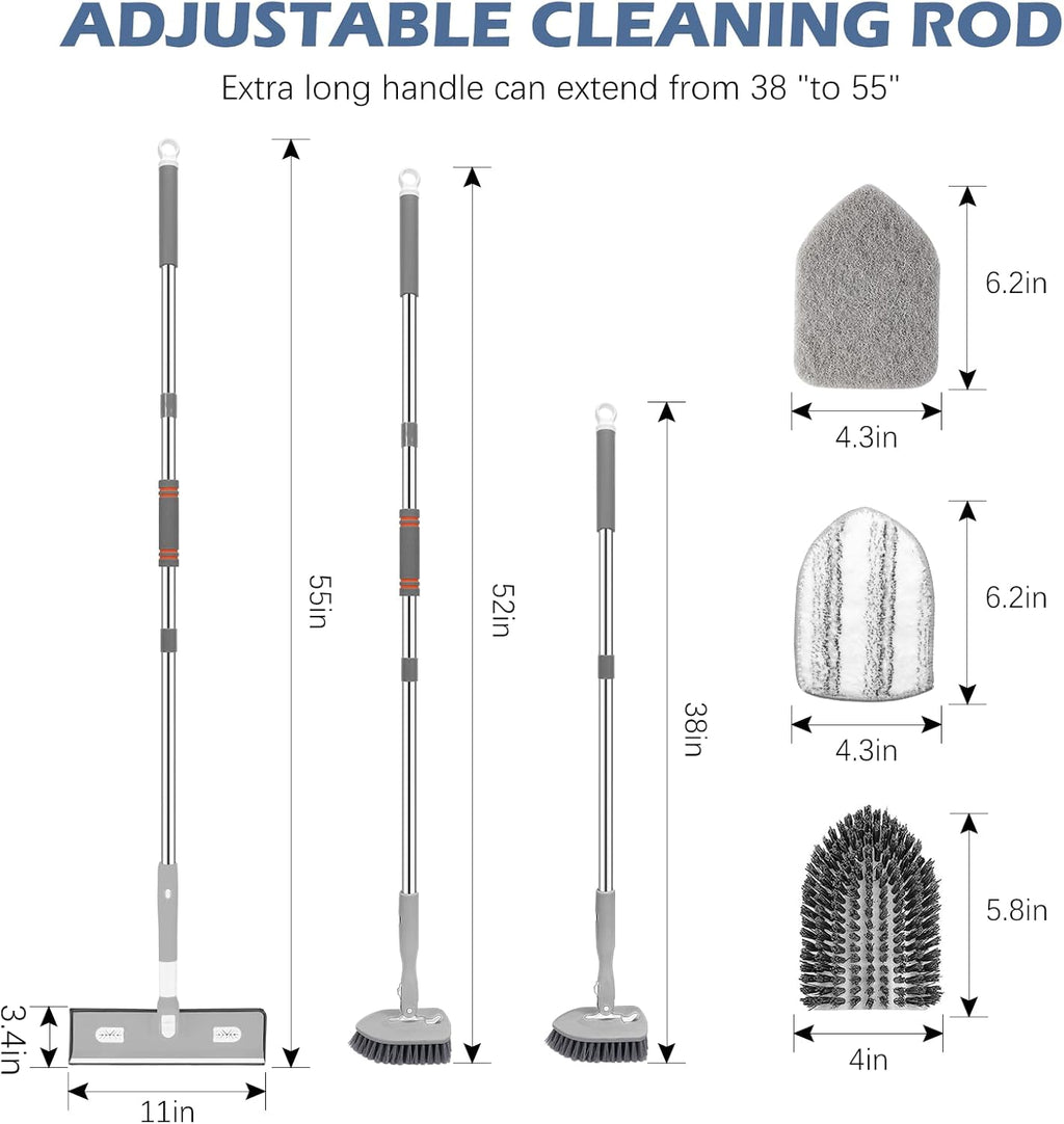 SetSail 4-in-1 Tile Tub Floor Scrubber with 52-inch Adjustable Long Handle Shower Cleaner Brush with Window Scrubber and 3 Replacement Brush Heads for Bathroom Kitchen Walls Tub Tile Sink, Grey
