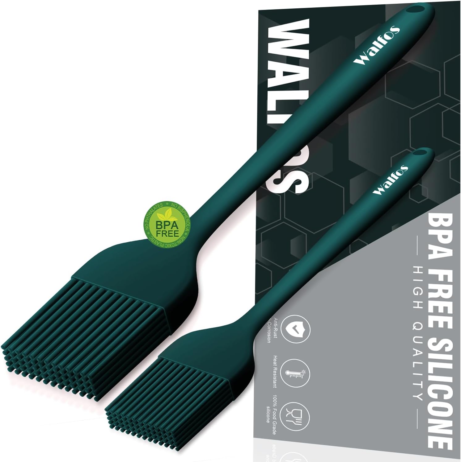 Walfos Silicone Basting Pastry Brush, 2 Size Pastry Brush Set, Perfect for BBQ Grill Kitchen Cooking, BPA Free and Dishwasher Safe, 2 Pcs (Ink Green)