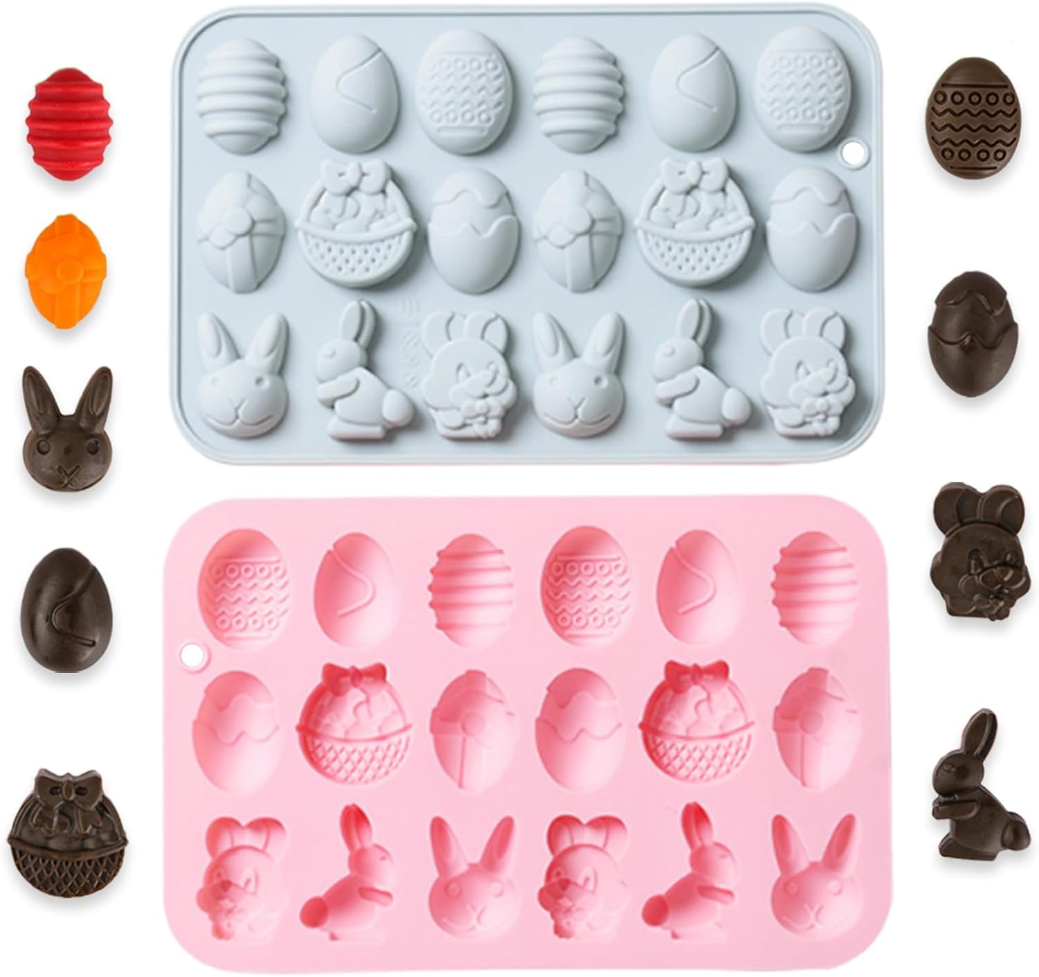 2 Pcs Easter Silicone Chocolate Molds, 18 Cavity Mini Bunny Egg Candy Molds Design for Making Jellies, Soft Candy, Ice Cubes, Wax Melts, Soaps, Resin etc Cake Decoration