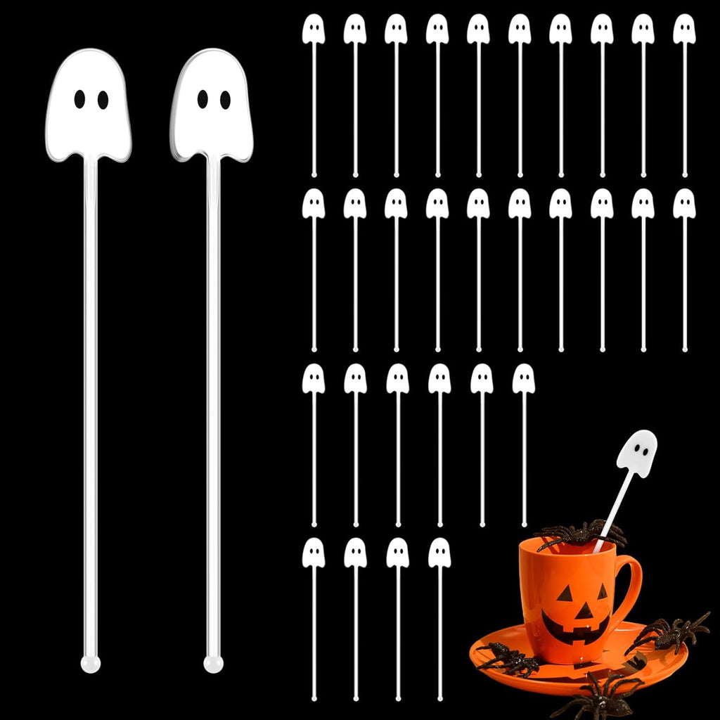 30 Pcs Halloween Swizzle Sticks Plastic Coffee and Cocktail Stirrers Fall Thanksgiving Drink Stirrers Cocktail Mixers for Halloween Fall Autumn Party Tea Coffee Bar Decoration(Ghost)