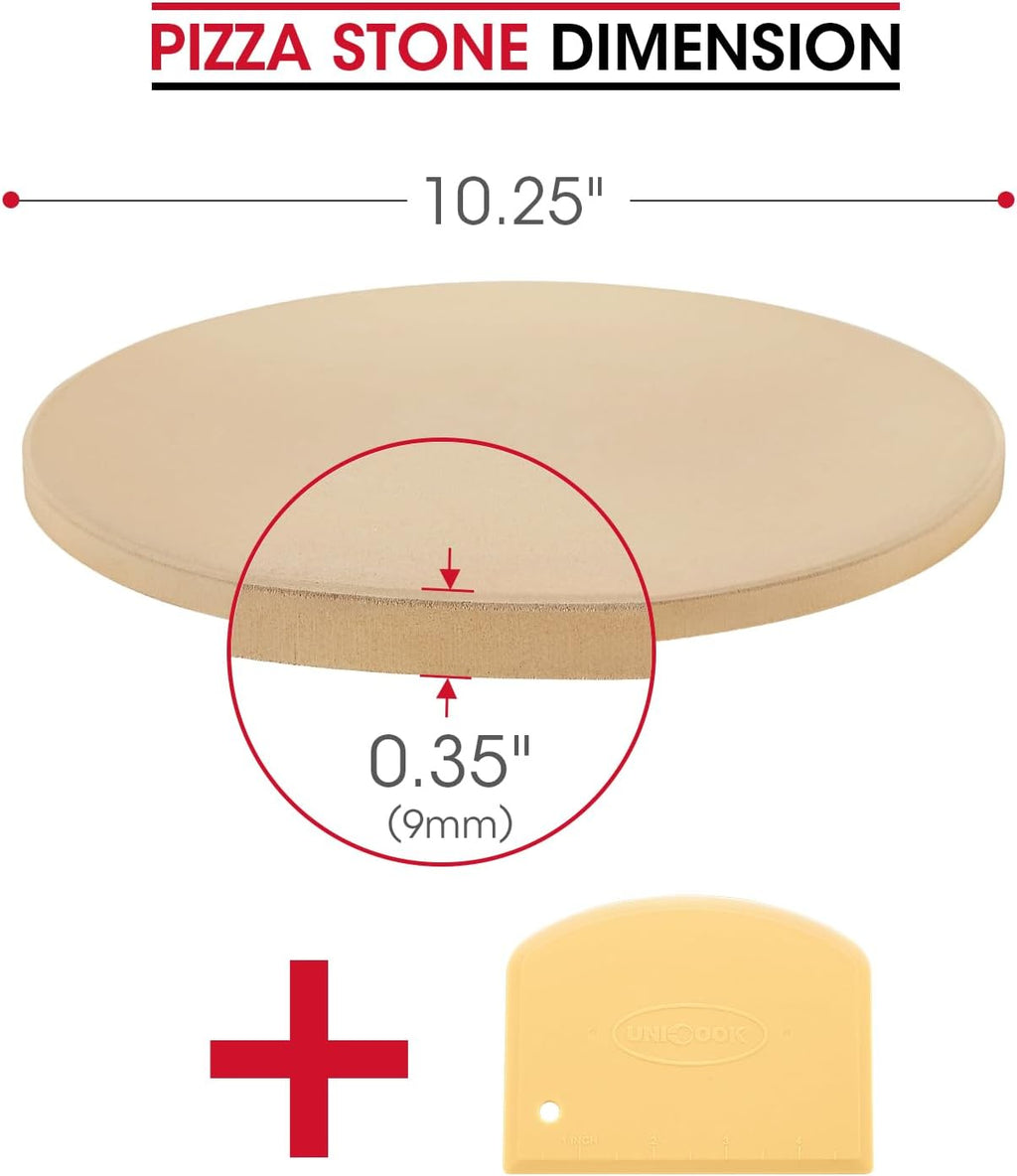 Unicook Small Pizza Stone 10.25 Inch for Oven and Grill, Round Baking Stone, Thermal Shock Resistant Cordierite Oven Pan with Plastic Dough Scraper, Ideal for Cooking Pizza, Bread