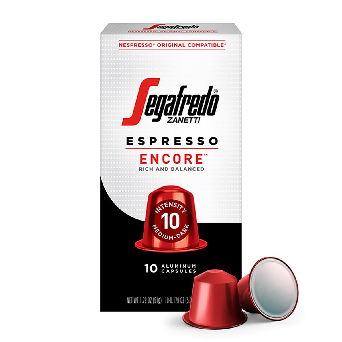 Segafredo Zanetti Espresso Capsules – Aluminum Pods for Nespresso Original Machines – Medium-Dark Roast Premium Espresso with a Rich Aroma – Balanced, Intensity 10 – Encore, 10 Count