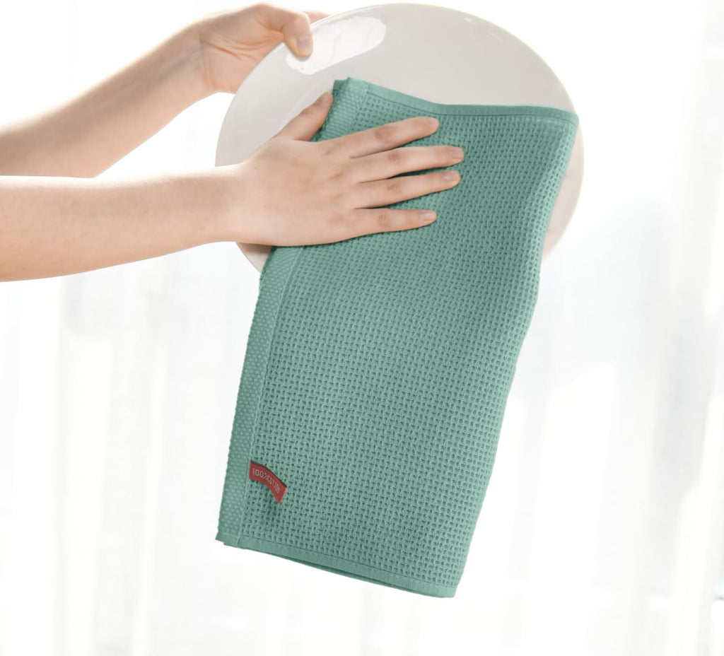 Artoid Mode 100% Cotton Light Green Waffle Weave Kitchen Dish Cloths, 13x28 Inch Ultra Soft Absorbent Quick Drying Kitchen Dish Towels Set of 4