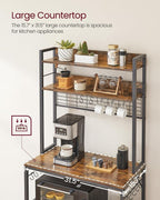 VASAGLE Hutch Bakers Rack with Power Outlet, 14 Hooks Microwave Stand, Adjustable Coffee Bar with Metal Wire Panel, Kitchen Storage Shelf, 15.7 x 31.5 x 66.9 Inches, Rustic Brown and Black UKKS025B01